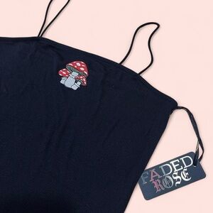 Faded Rose Black Tank Top with Mushroom Embroidery